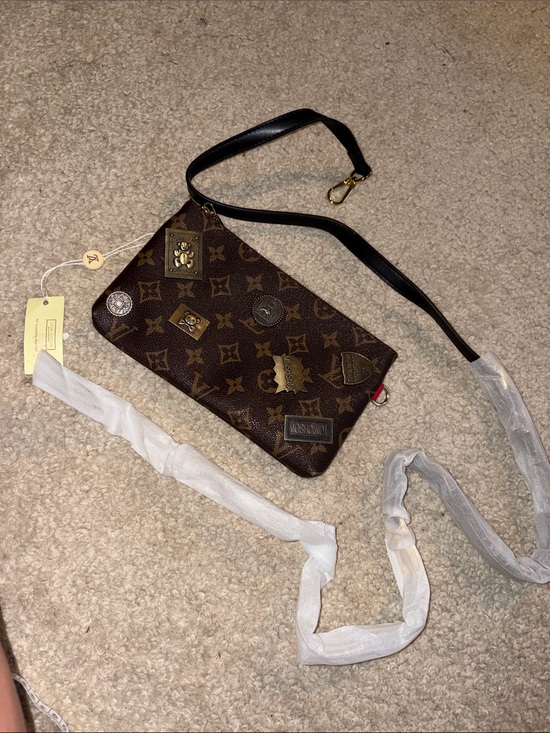 None Handbags - Brown Monogram Bag with Decorative Studs and Black Strap